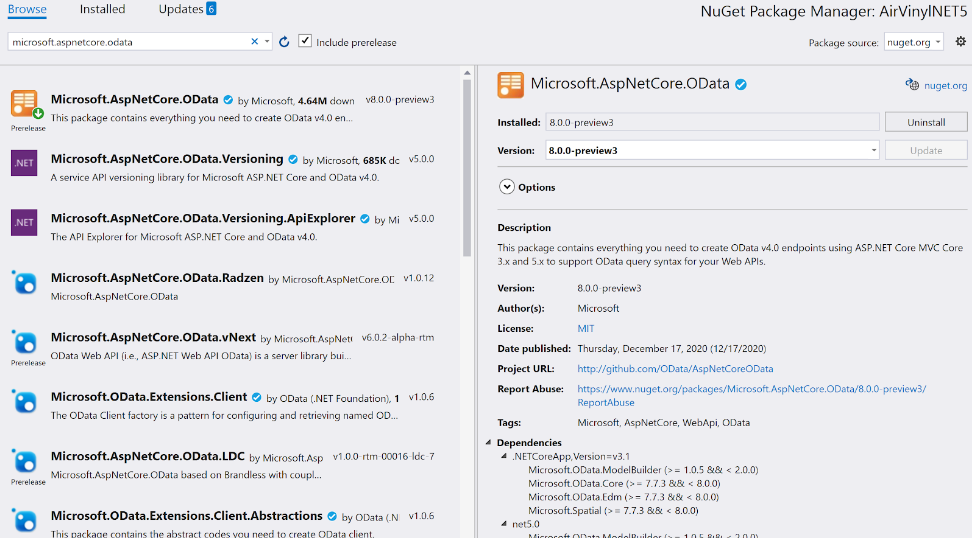 NuGet Package Manager ASP.NET Core OData